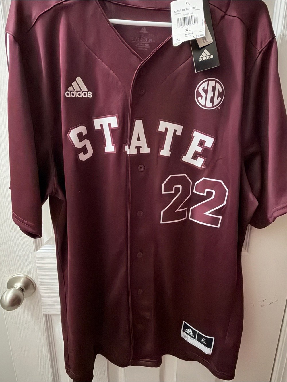 adidas Men’s Maroon Baseball Jersey with STATE and 22